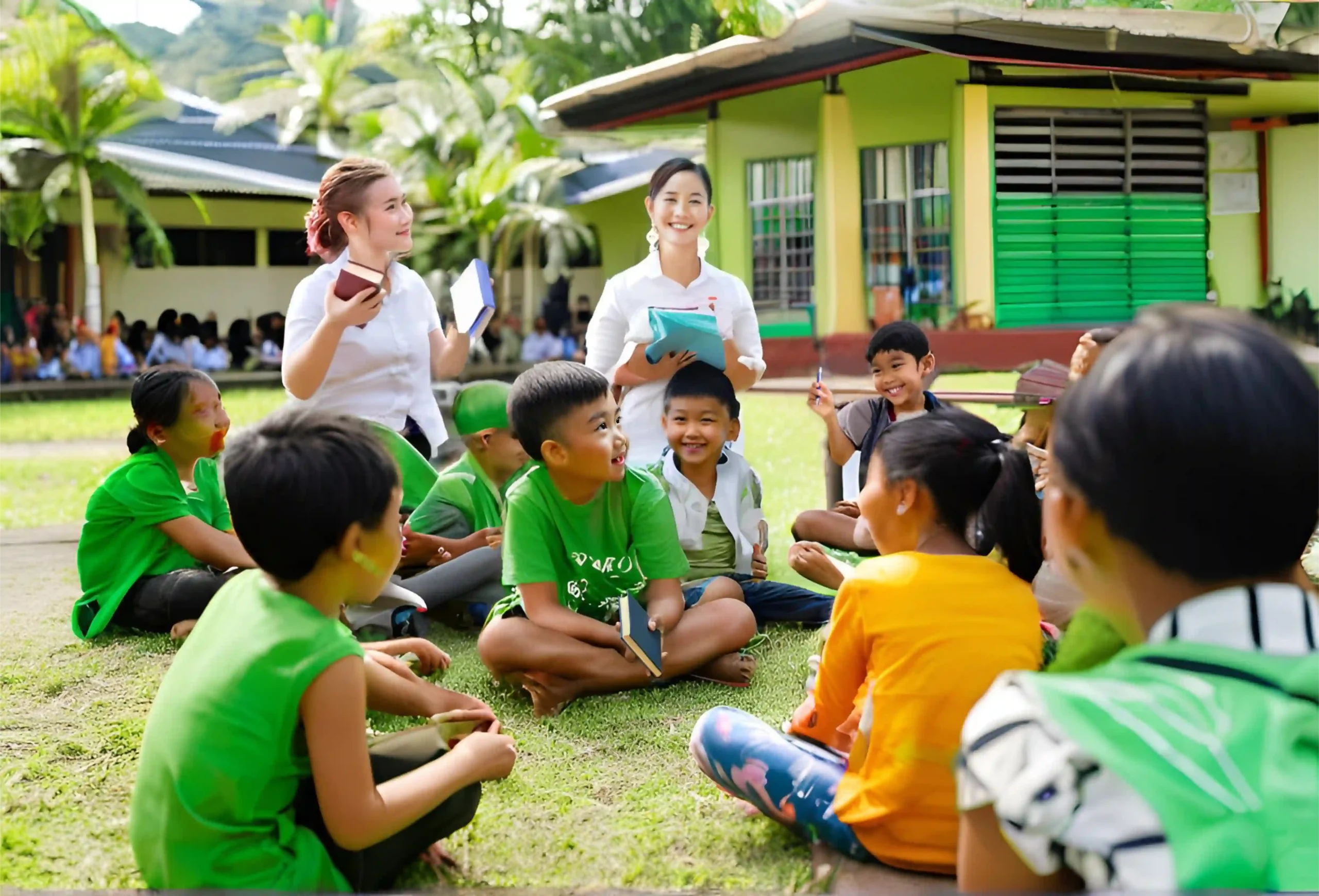 Children sitting in a circle with educators outdoors, reflecting RMM Foundation’s efforts in education and empowerment for underserved communities