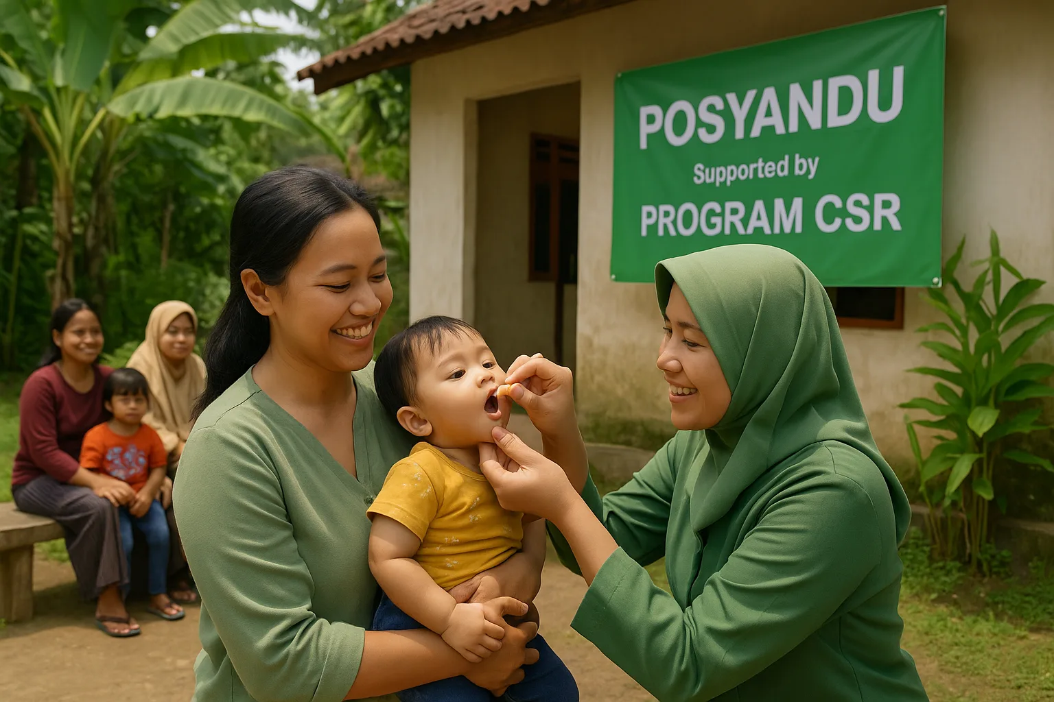 A community health worker giving vitamin supplements to a baby at a local Posyandu clinic as part of a CSR health program