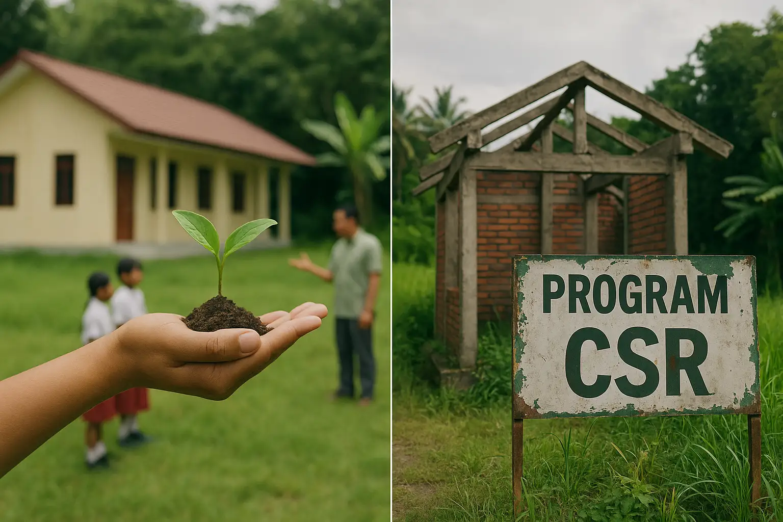 Corporate Social Responsibility program in rural area showing community development and sustainability efforts including education and green initiatives
