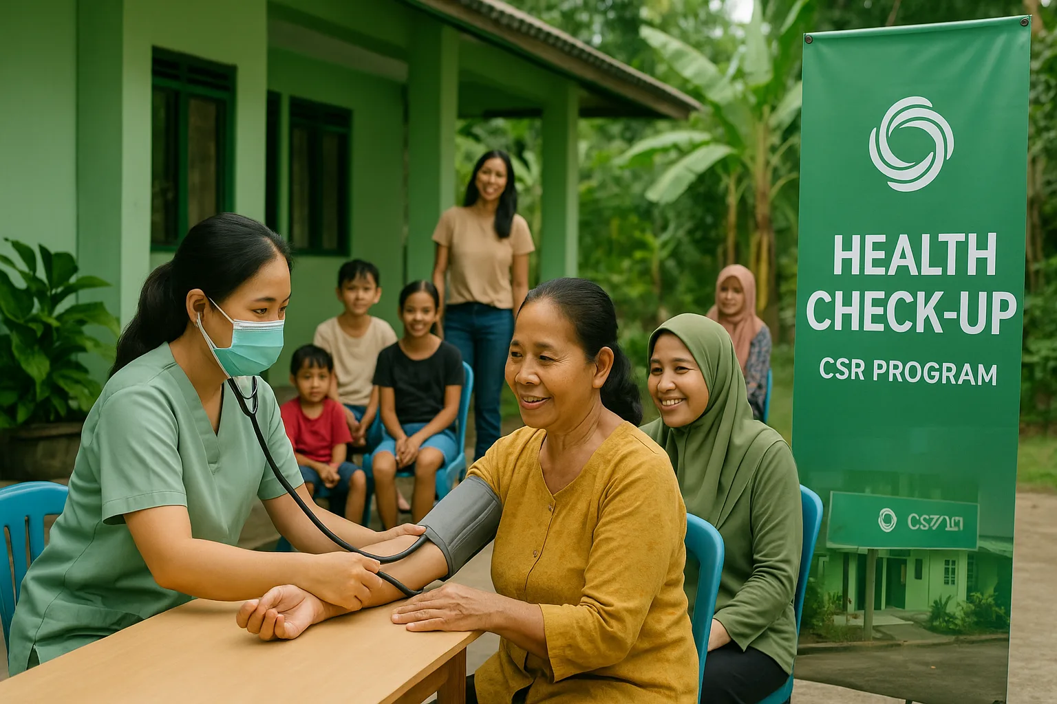 Healthcare worker checks elderly woman's blood pressure at a community CSR health program.